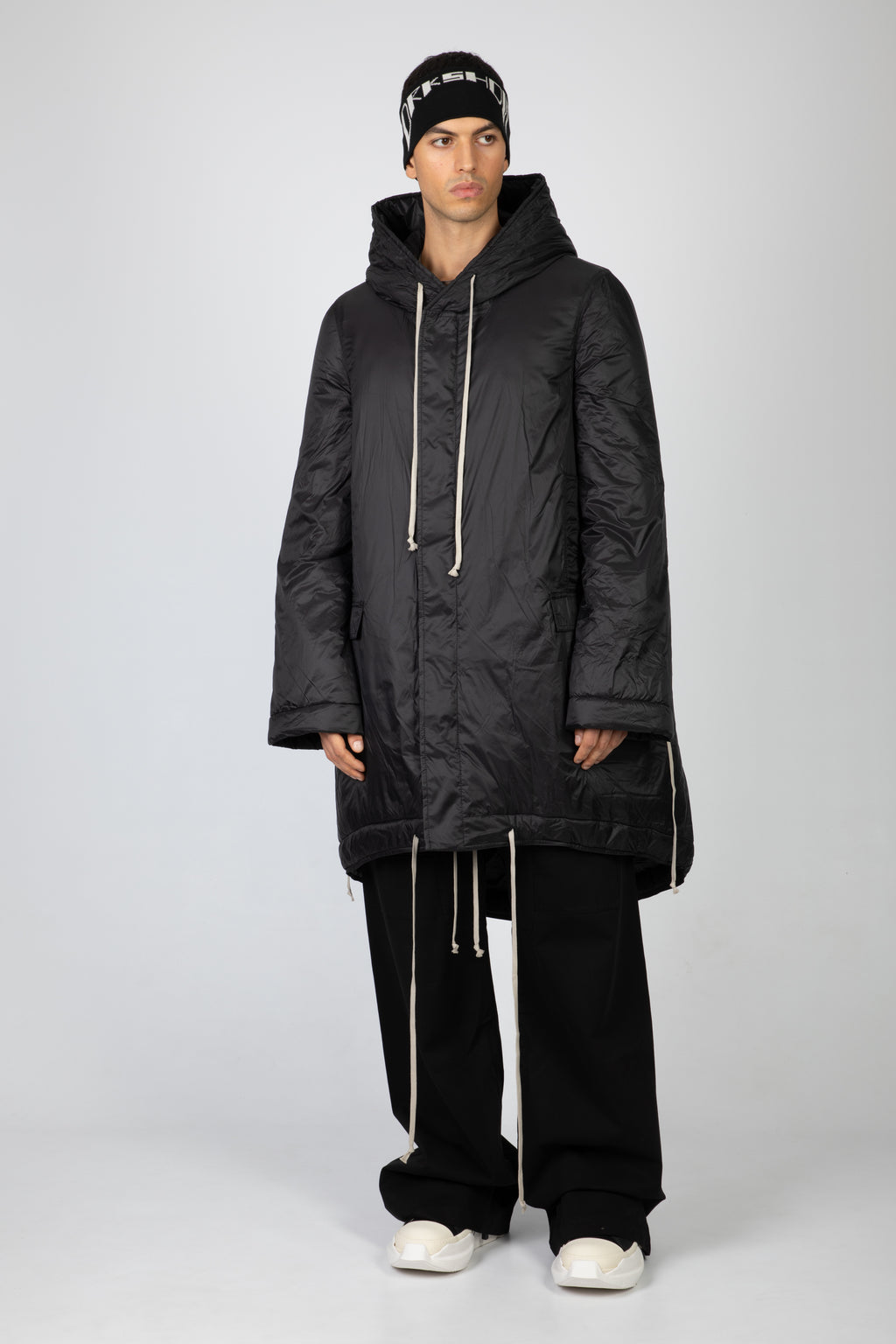 RICK OWENS DRKSHDW Black padded nylon hooded parka Fishtail Parka Strikestore