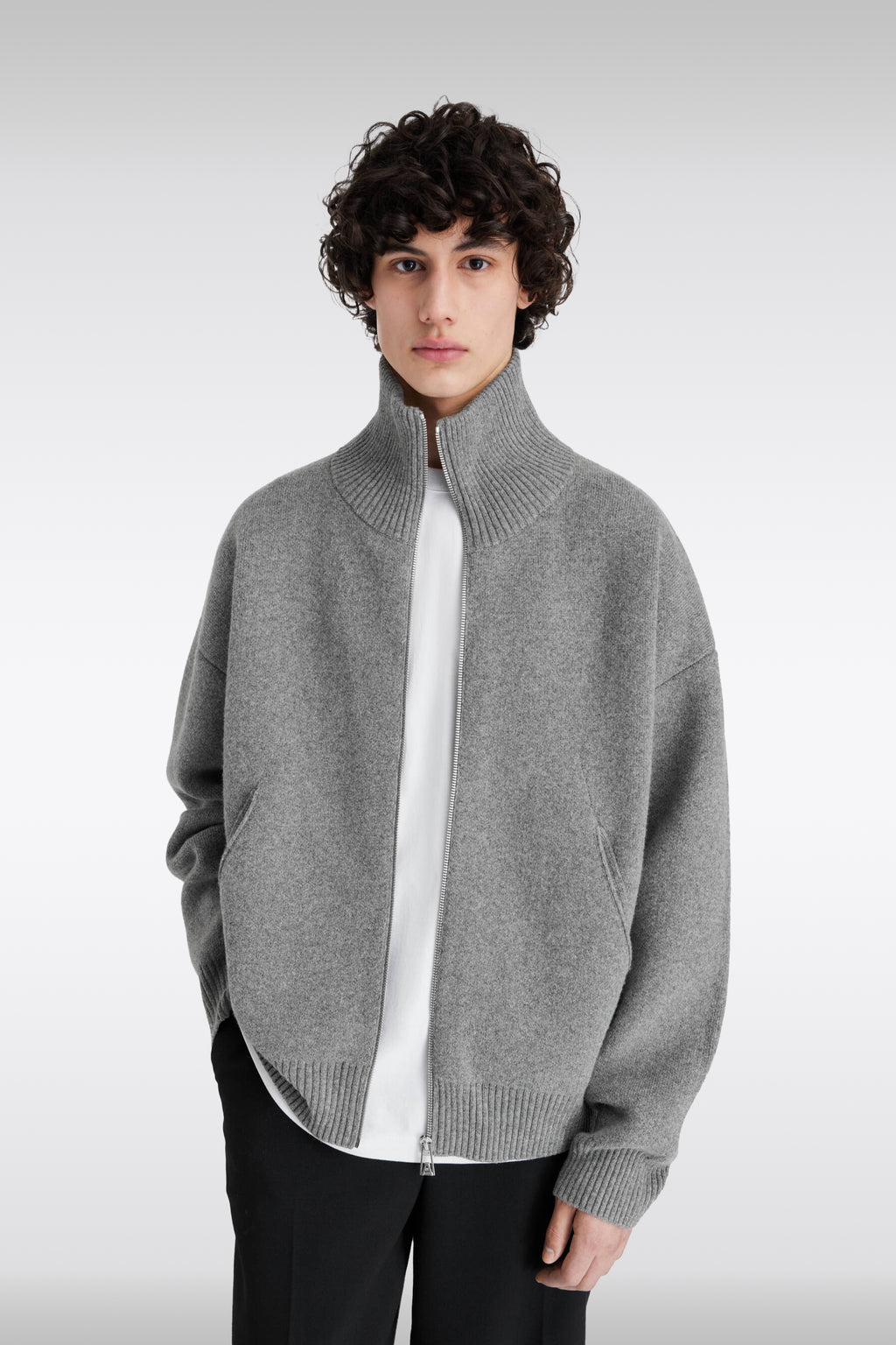 alt-image__Light-grey-wool-blend-cardigan-with-metal-zip-fastening---Core-Zip-Up-Sweater-