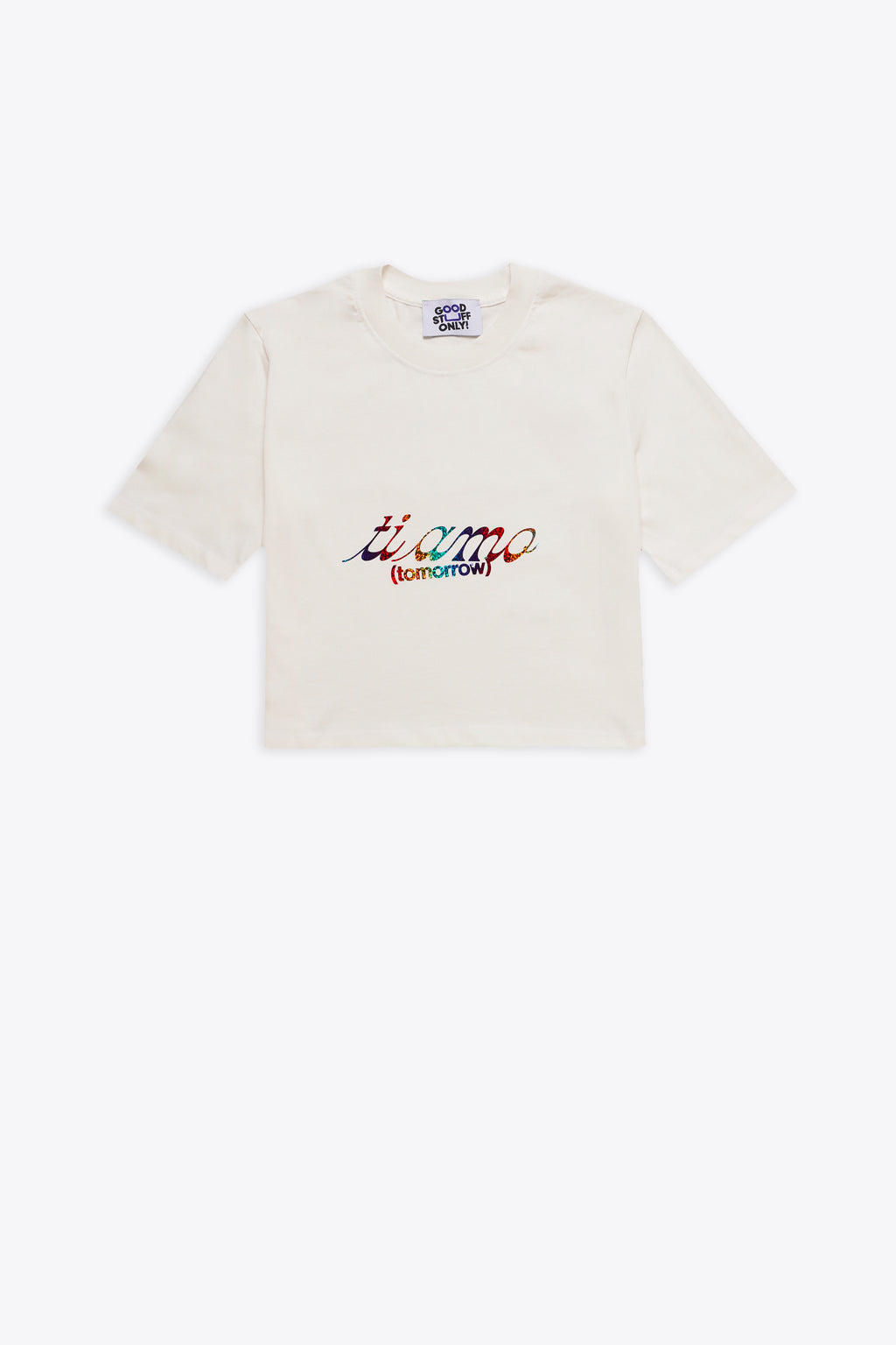 alt-image__T-shirt-bianca-corta-in-cotone-con-slogan-multicolor