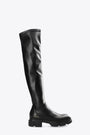 Black stretch leather slip-on knee-high boots 