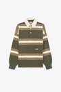 Olive green and off-white striped cotton rugby polo shirt 