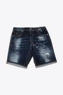 Short in denim blu con rotture e pittura 