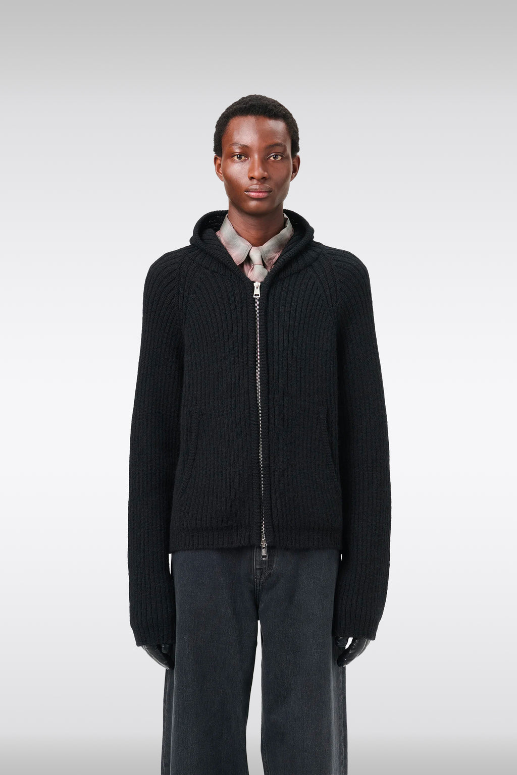 alt-image__Black-rib-knitted-hooded-cardigan-with-zip---Level-Hood