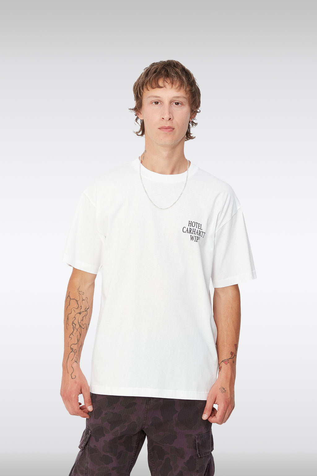 alt-image__White-cotton-t-shirt-with-graphic-print-at-chest-and-back---S/S-Hotel-Keys-T-Shirt