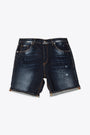 Short in denim blu con rotture e pittura 