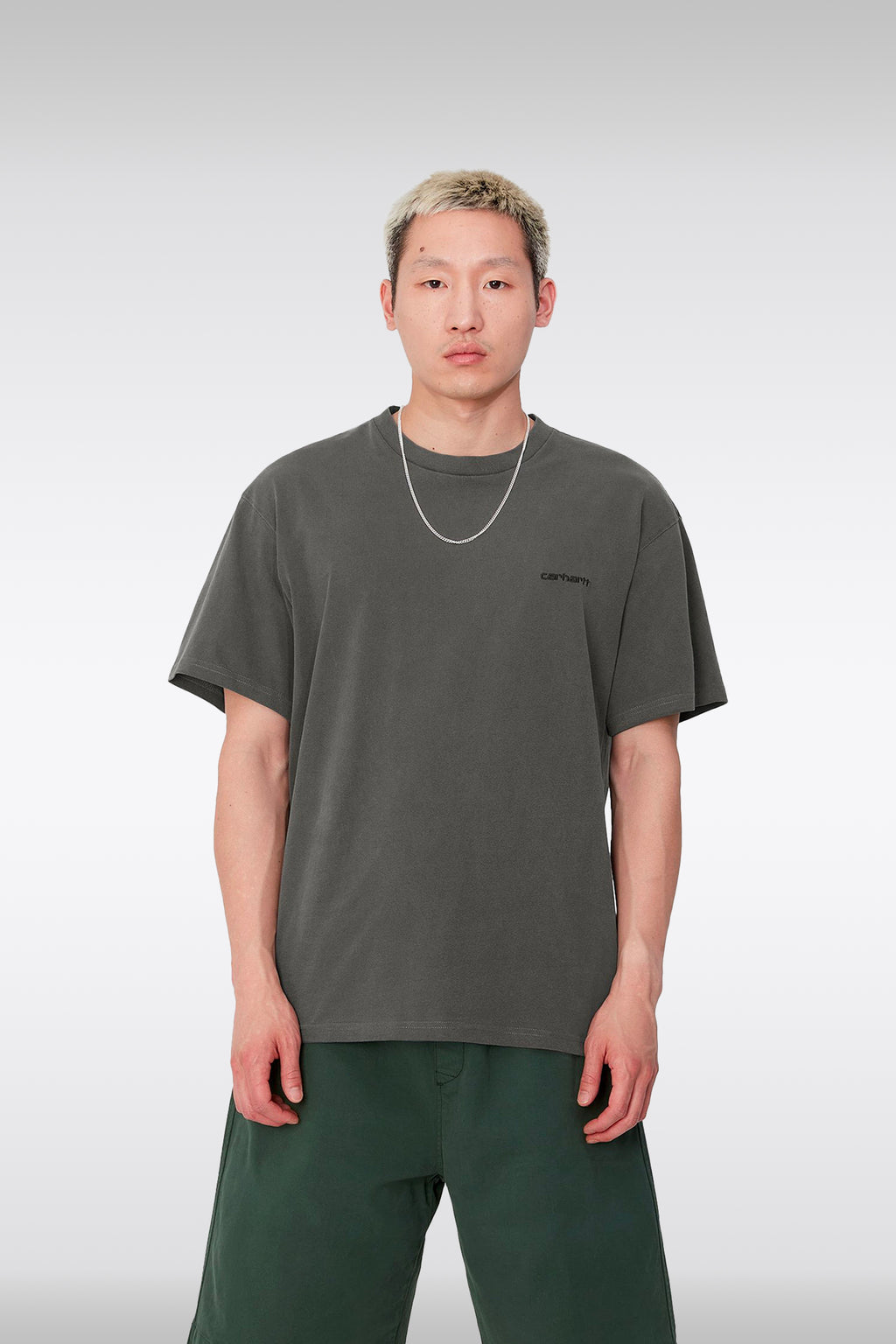 alt-image__Dark-grey-garment-dyed-t-shirt-with-chest-logo---S/S-Duster-Script-T-Shirt