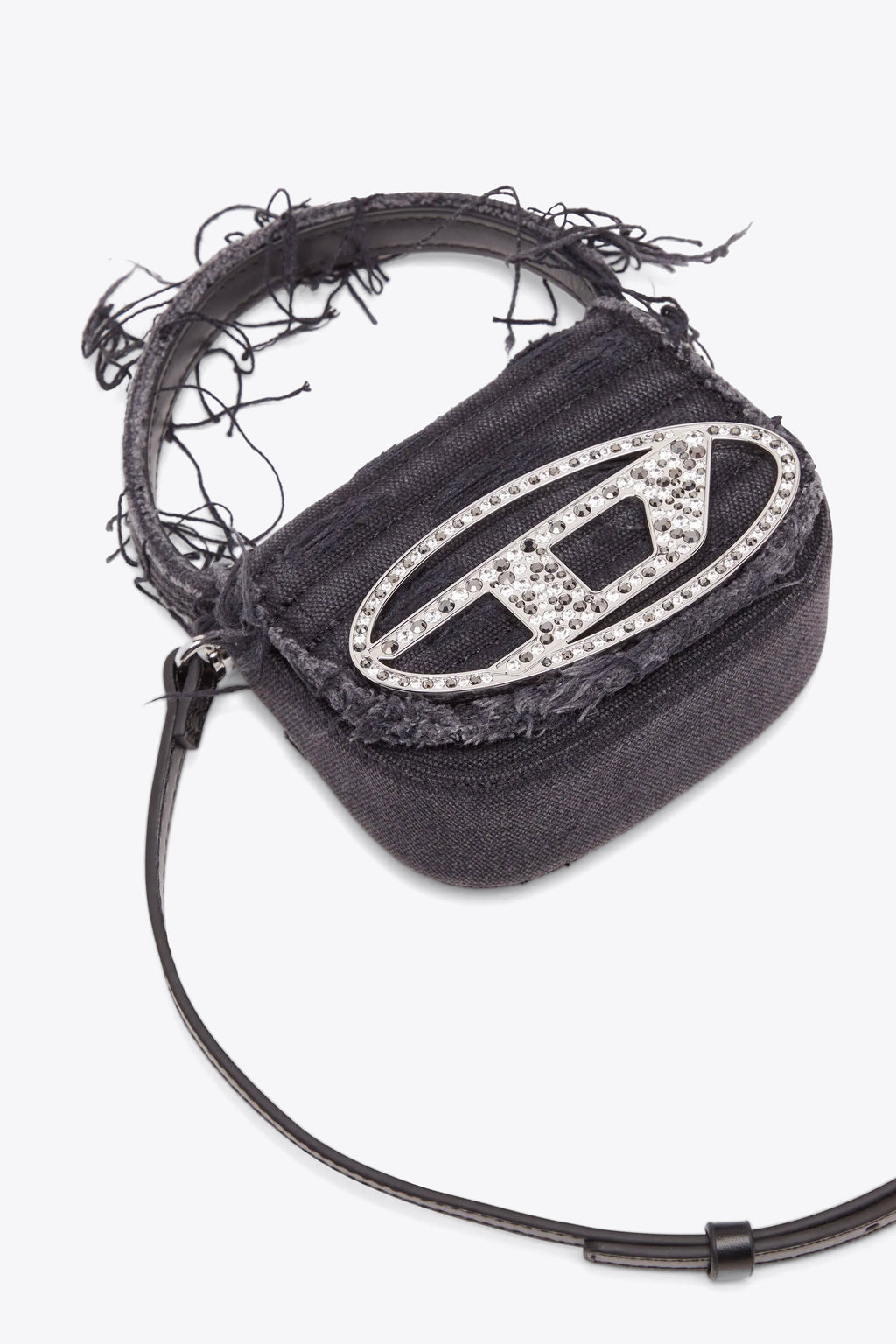 alt-image__Borsa-piccola-in-denim-nero-sfrangiato-con-logo-in-strass---1-DR-XS-Crossbody-Bag