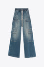 Sandblasted blue denim cargo pant with elastic waistband - Double Cargo Jumbo Belas  