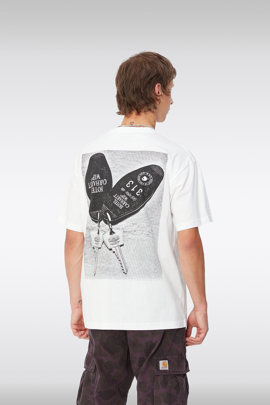 alt-image__White-cotton-t-shirt-with-graphic-print-at-chest-and-back---S/S-Hotel-Keys-T-Shirt