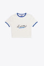 White stretch cotton cropped t-shirt with front slogan print 