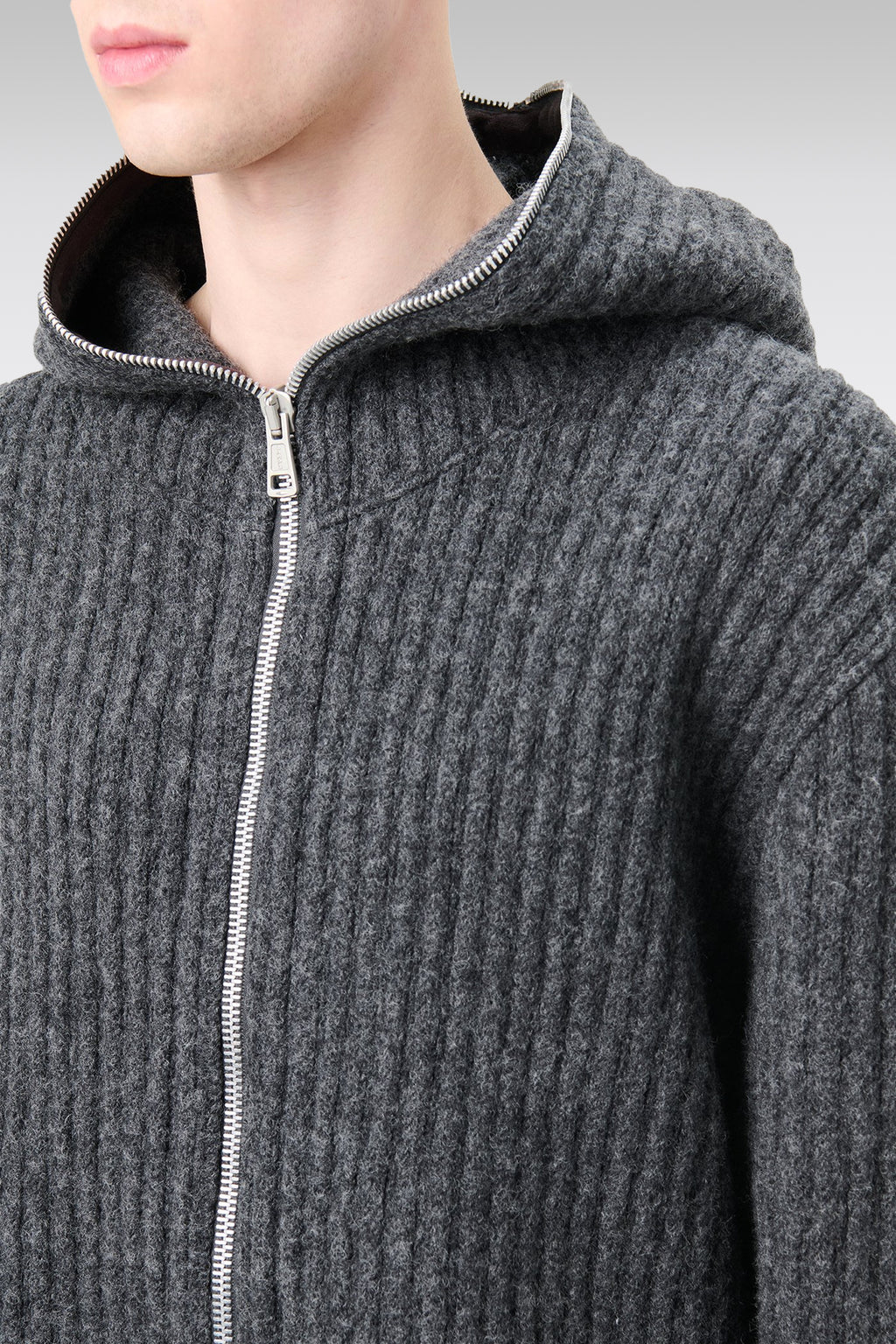 alt-image__Cardigan-grigio-in-lana-a-coste-con-cappuccio-e-zip---Full-Zip-Hood