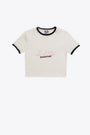 White stretch cotton cropped t-shirt with front slogan print 