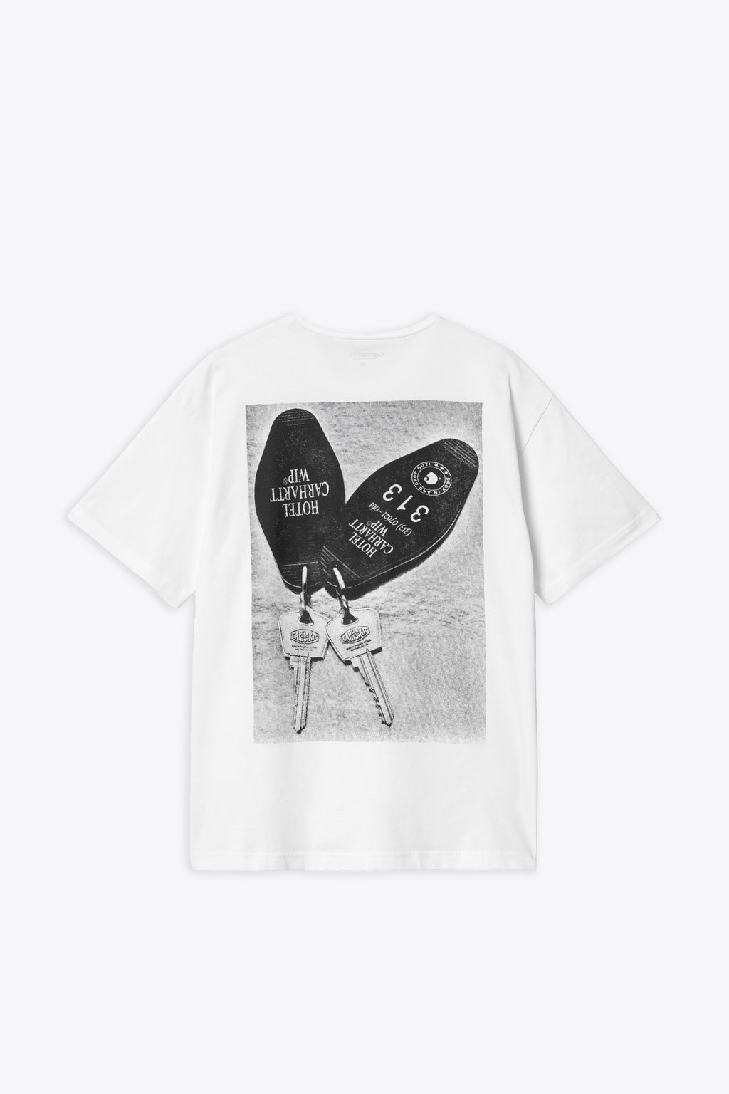 alt-image__White-cotton-t-shirt-with-graphic-print-at-chest-and-back---S/S-Hotel-Keys-T-Shirt