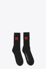Black ribbed socks with red logo printed.  