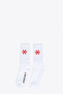 White ribbed socks with red logo printed.  